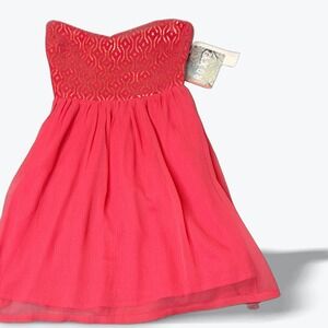 Y2K Roxy Smocked Strapless Mini Dress Red Gold Metallic Pattern XS New With Tags